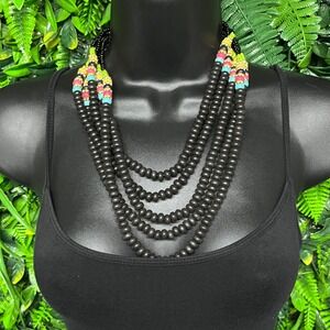 Multi Strand Beaded Necklace Black Pink Green Blue Statement Adjustable 3817